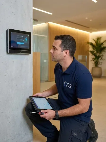 טכנאי סהר מערכות מגדיר לוח בקרה של מערכת אבטחה